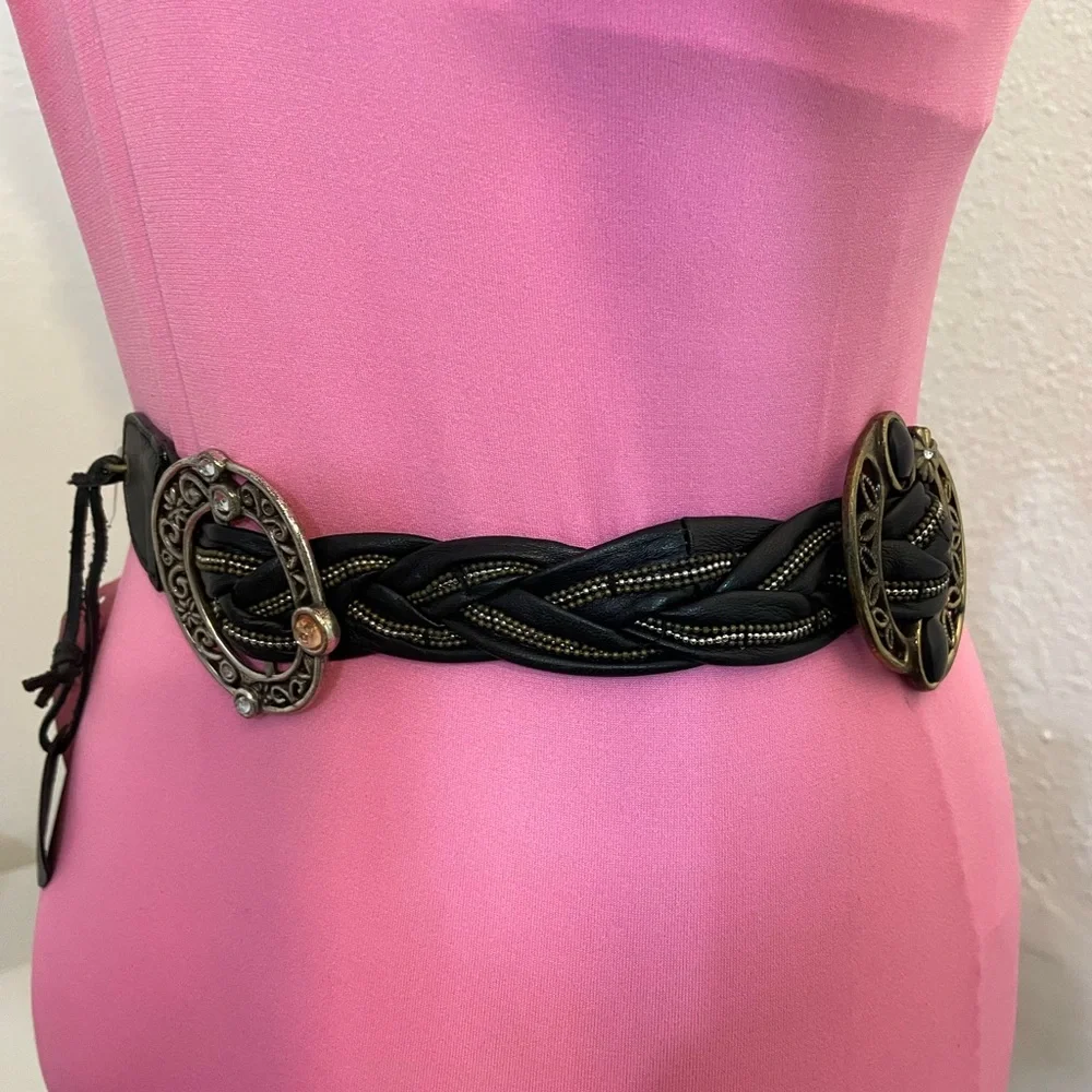 NWT Genuine leather Braided picadilly slouch black belt Brass silver s/m vintage